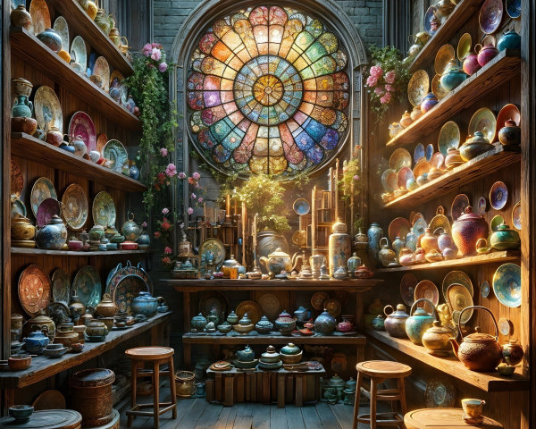 Cozy Pottery Shop with Stained Glass and Rustic Decor