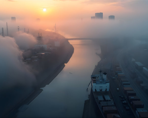 Serene Sunrise Over Foggy Harbor with Industrial Elements