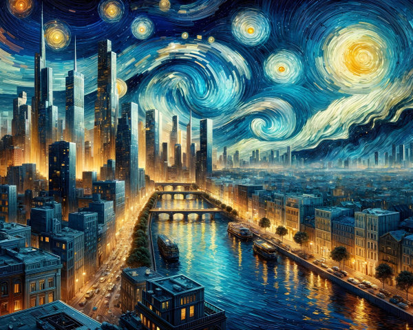Vibrant Cityscape with Night Sky and Skyscrapers