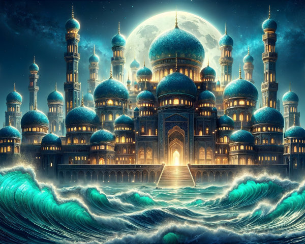 Majestic Palace Overlooking a Swirling Sea at Night