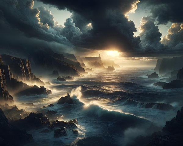 Dramatic Seascape with Cliffs and Lighthouse