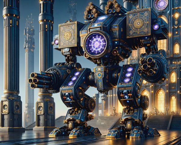 Intricately Designed Robotic Figure in Grand Hall