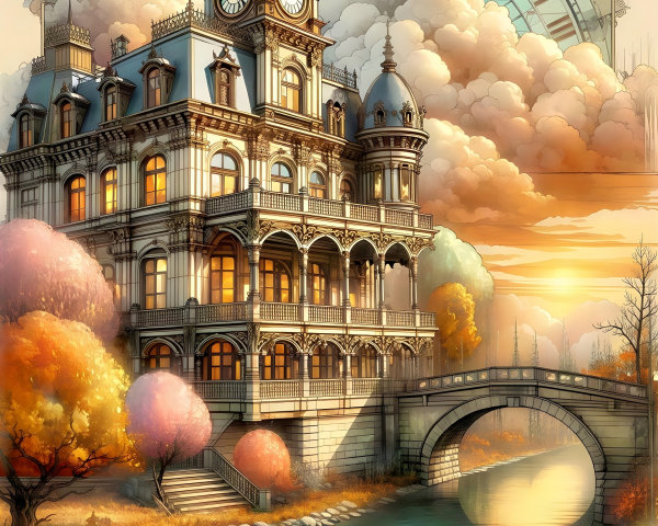 Steampunk Mansion with Clock Tower and Turquoise River