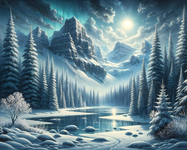 Serene Winter Landscape with Snow-Capped Mountains