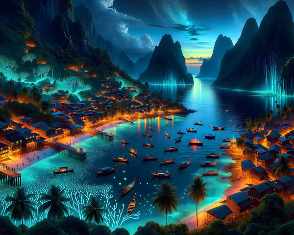 Twilight Coastal Landscape with Bioluminescent Bay