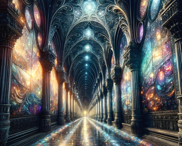 Cosmic Corridor with Ornate Columns and Nebulae
