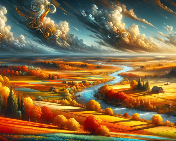 Vibrant Autumn Landscape with Rolling Hills and River