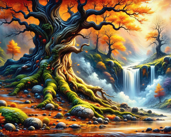 Ancient Tree in Autumn Landscape with Waterfall