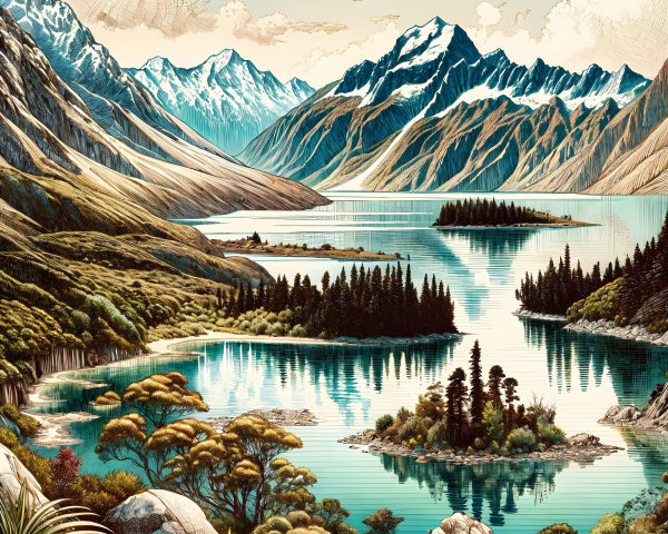 Tranquil Lake Surrounded by Lush Greenery and Mountains