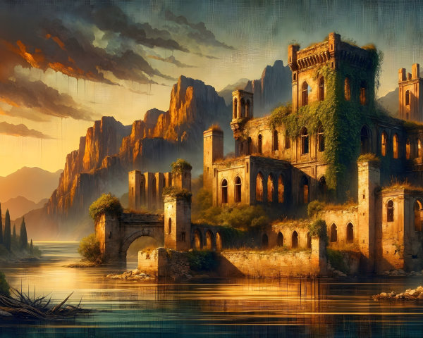 Dilapidated castle by tranquil lake at sunset