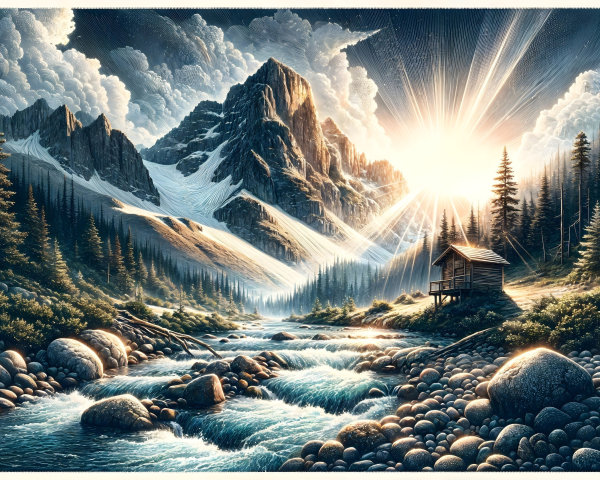 Majestic Mountain Landscape with Tranquil River and Cabin