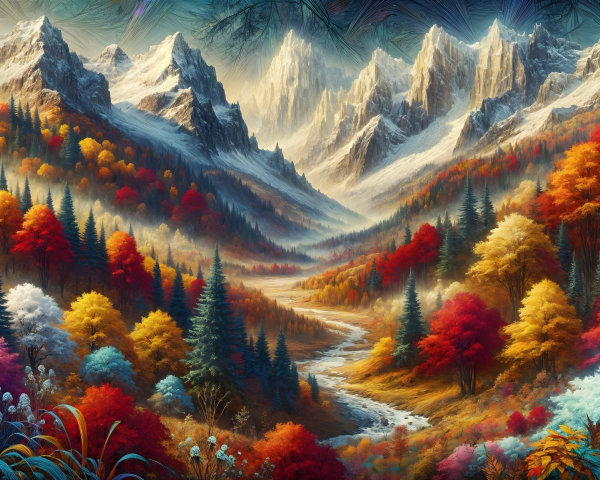 Majestic Snow-Capped Mountains and Autumn Foliage Landscape