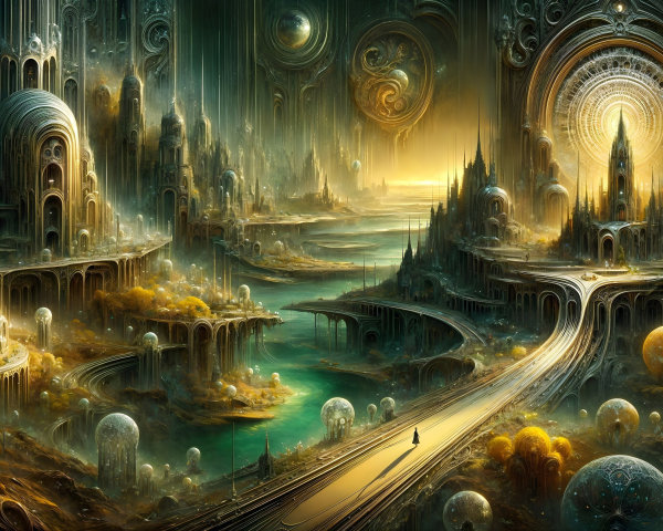 Surreal Landscape with Golden Hues and Ethereal Spheres