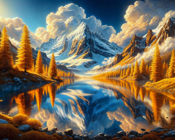Serene Lake Surrounded by Majestic Mountains and Pines