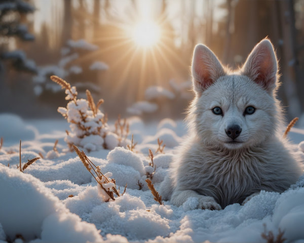 Young fox resting in snowy landscape at sunset