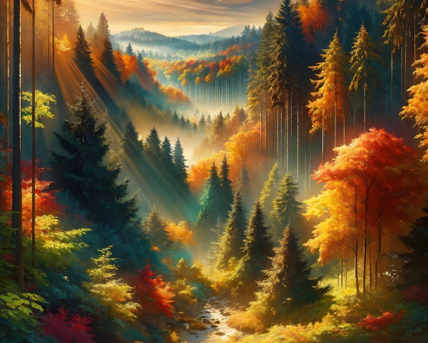 Autumn Valley Landscape with Coniferous Trees and Stream