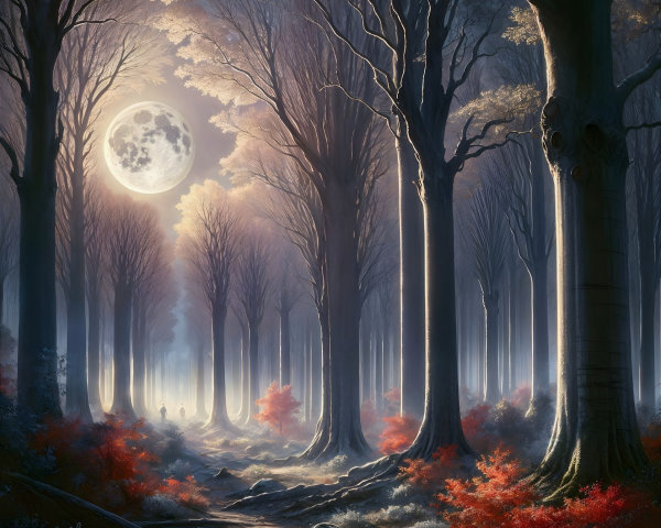 Mystical Forest Under Full Moon with Autumn Leaves