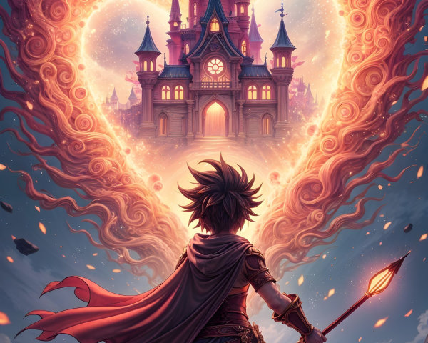 Young hero with glowing bow in fiery heart landscape
