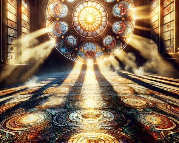 Ornate Interior with Stained Glass and Mosaic Floor