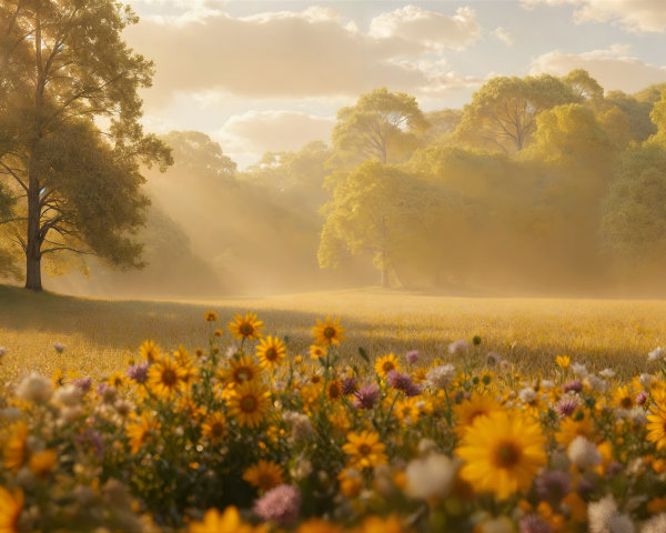Serene Landscape with Wildflowers and Majestic Trees