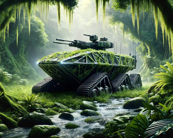 Futuristic Armored Vehicle in Dense Jungle Environment