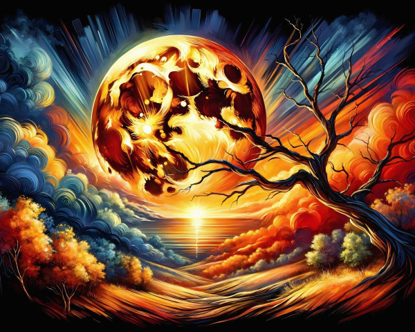 Dramatic Landscape with Fiery Moon and Silhouetted Tree