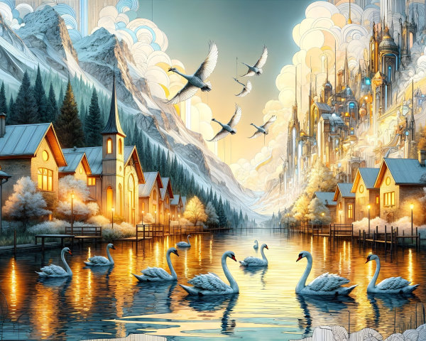 Tranquil Lake and Village Landscape with Mountains