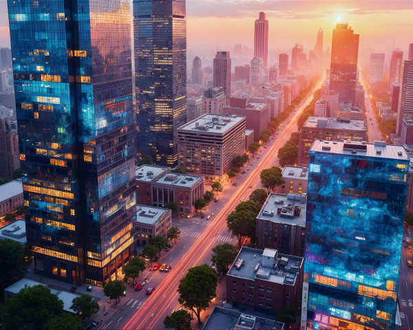 Panoramic City Skyline at Sunset with Skyscrapers