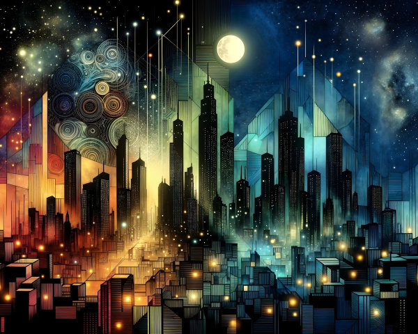 Vibrant Cityscape Under Starry Night Sky