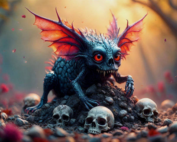 Mystical Creature in Twilight Forest Among Skulls