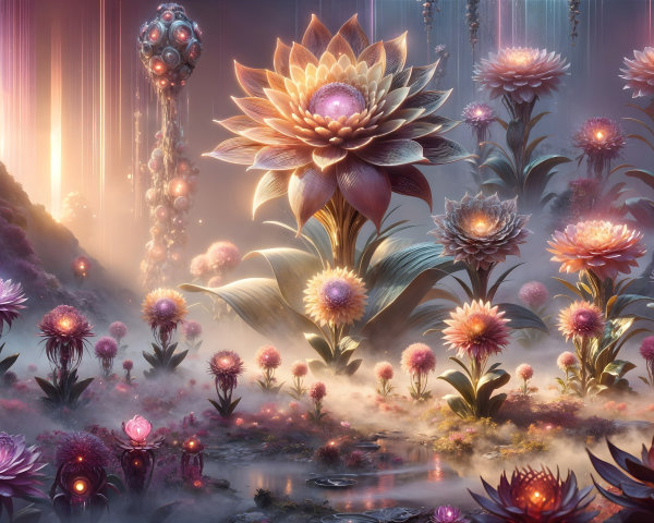 Surreal Garden with Towering Flowers and Mystical Glow