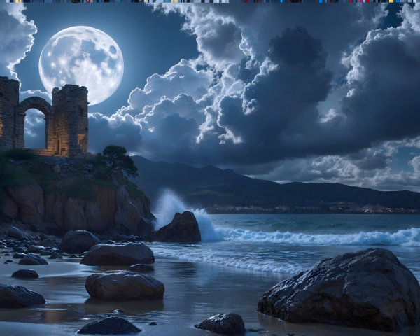 Ancient Ruins Under Moonlight at Coastal Landscape