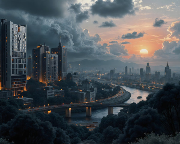 Urban Landscape at Dusk with Skyscrapers and River