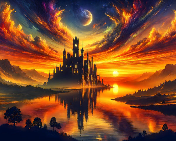 Vibrant Sunset Over Castle Surrounded by Trees