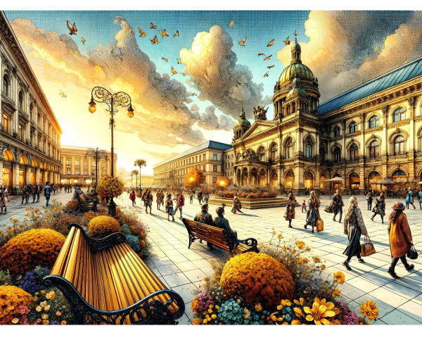 Vibrant city square with historic buildings and flowers