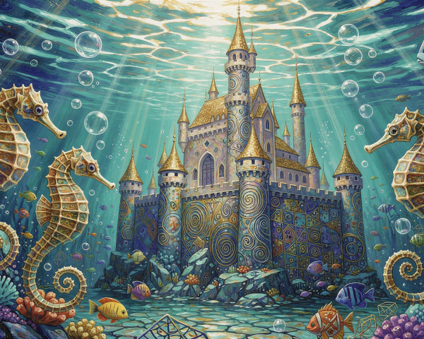 Underwater Fantasy Scene with Castle and Seahorses