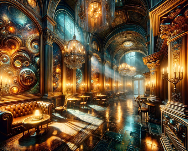 Vintage Opulent Interior with Rich Wood and Chandeliers