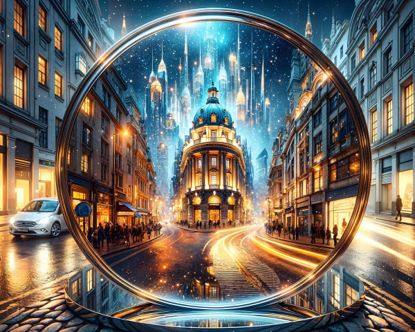 City Street at Dusk with Glass Structure and Lights