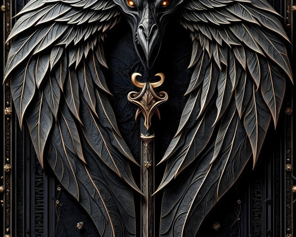 Gothic Panel with Winged Creature and Ornate Staff