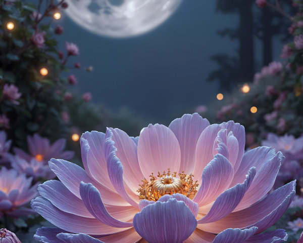 Serene Nighttime Scene with Pink Lotus Flowers