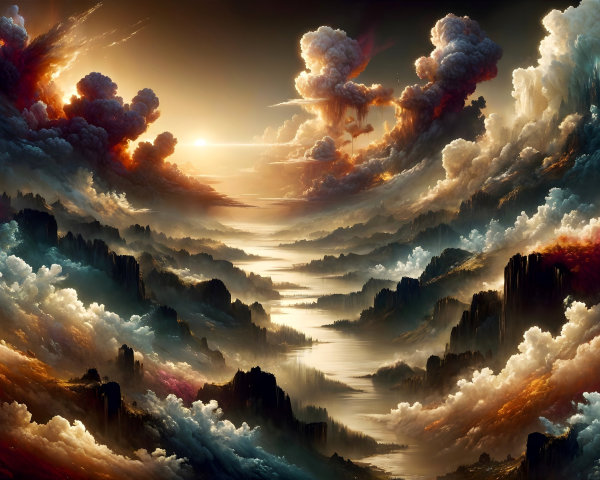 Dramatic Landscape with Colorful Clouds and River