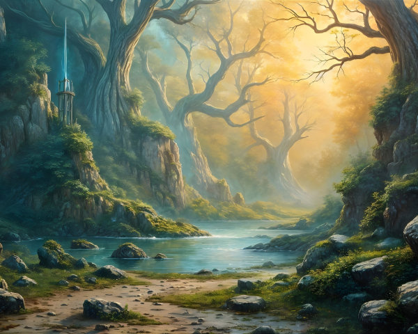 Serene Fantasy Landscape with River and Towering Trees