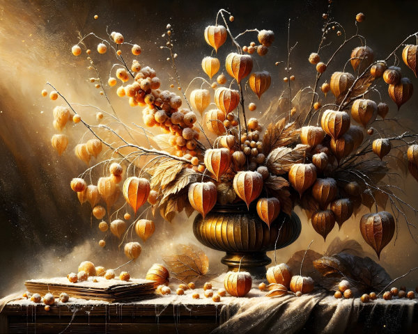 Still Life with Dark Vase and Golden Physalis