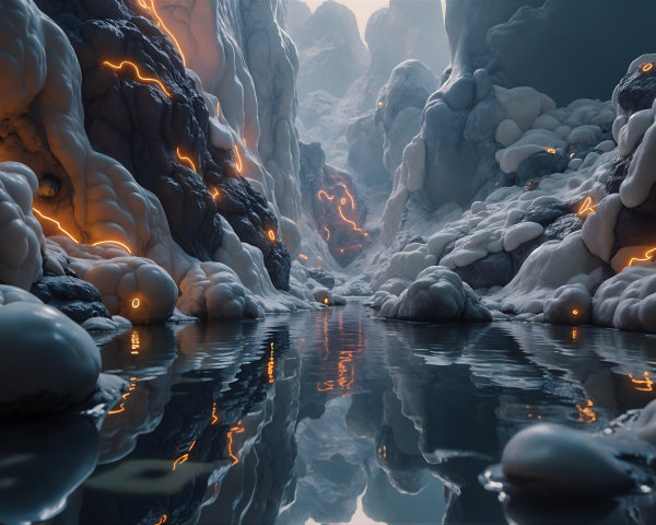Surreal Landscape with Winding River and Rock Formations