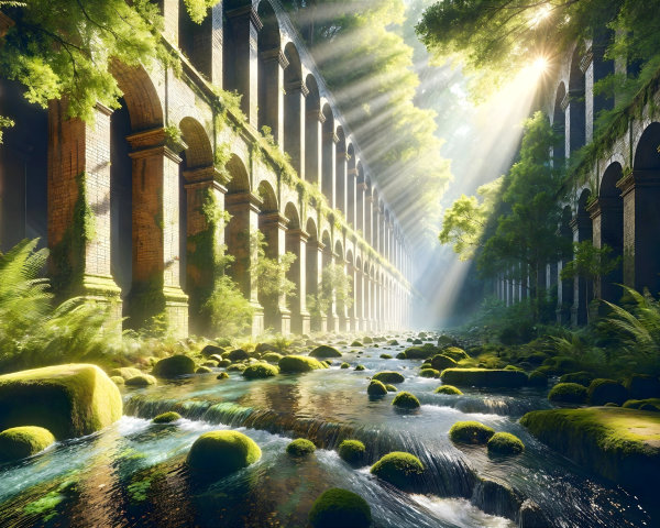 Overgrown Ruin with Arches and Gentle Stream
