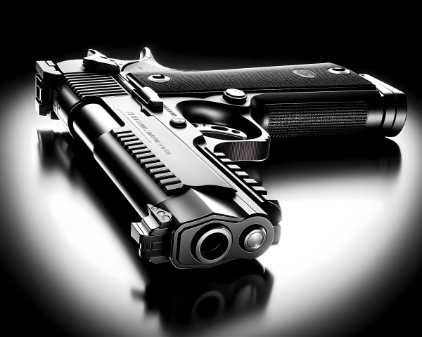 Modern Handgun on Reflective Surface with Dramatic Lighting
