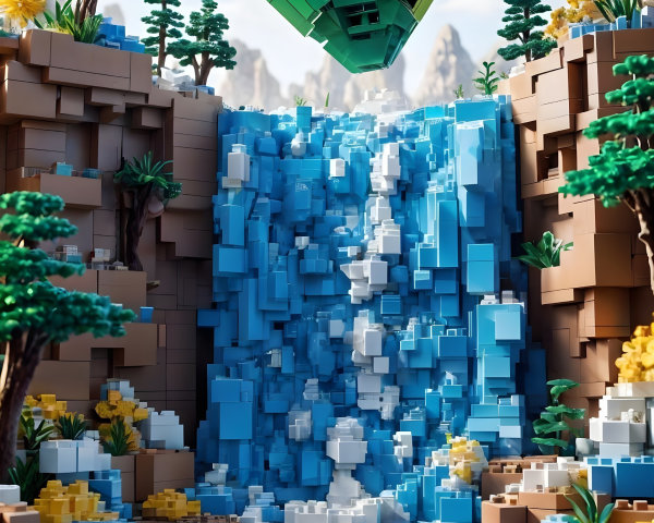 Vibrant LEGO Landscape with Waterfall and Diamond