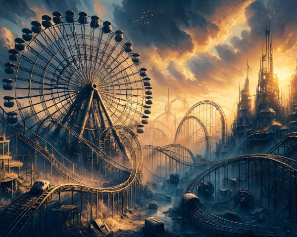 Abandoned Amusement Park in Dystopian Landscape