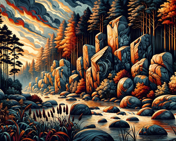 Vibrant Landscape with River and Dramatic Sky