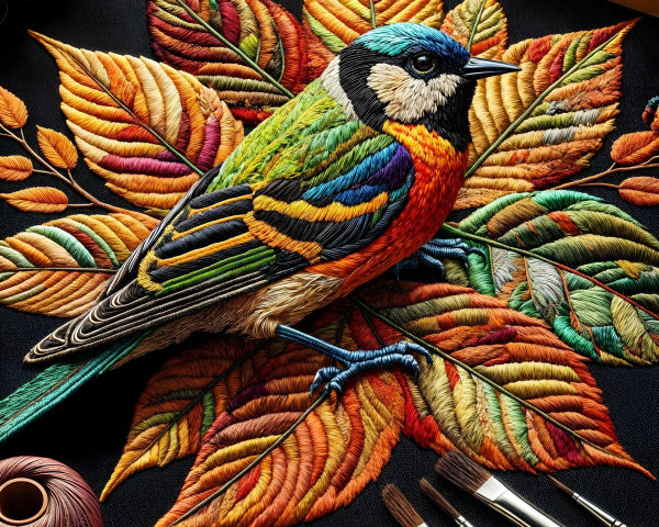Vibrant Embroidery of Bird on Autumn Leaves and Tools